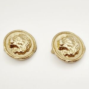 Vintage Gold Tone Lion Head Clip-On Earrings | Statement Button | 80s Bold Glam